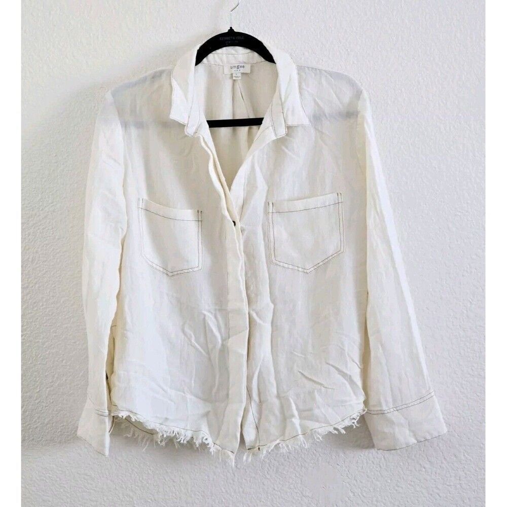 Umgee Size Large Boho Button Up Shirt Long Sleeve Cream chest pockets Frayed Hem
